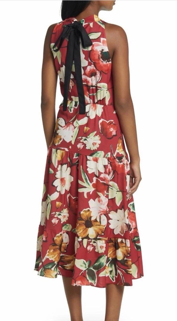 Sam Edelman Women’s Red Floral Bow Back Tiered Midi Dress Sz 12 Halter A Line